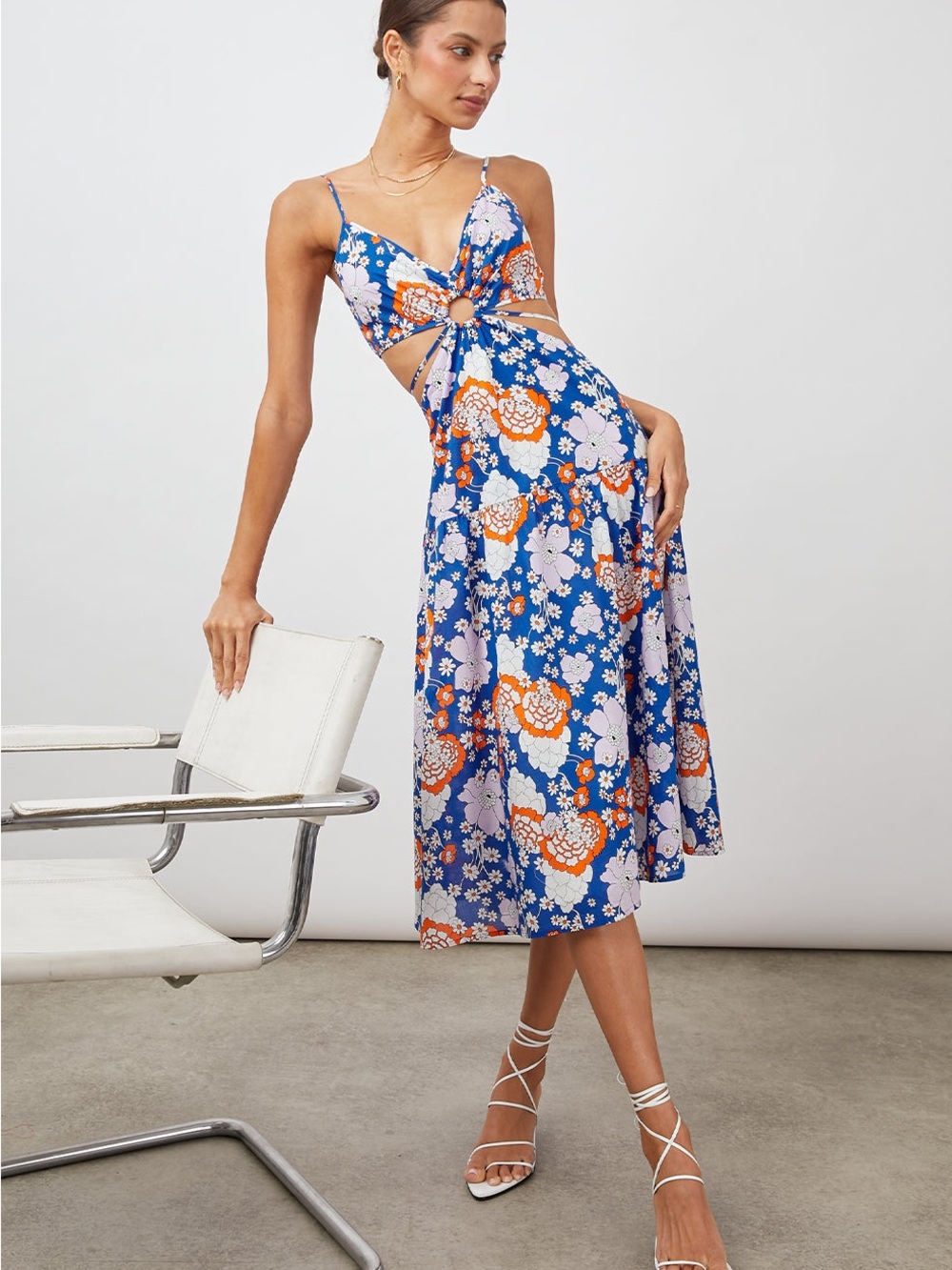 Rails Blue Floral Ring-Front Midi Dress with Orange Accents